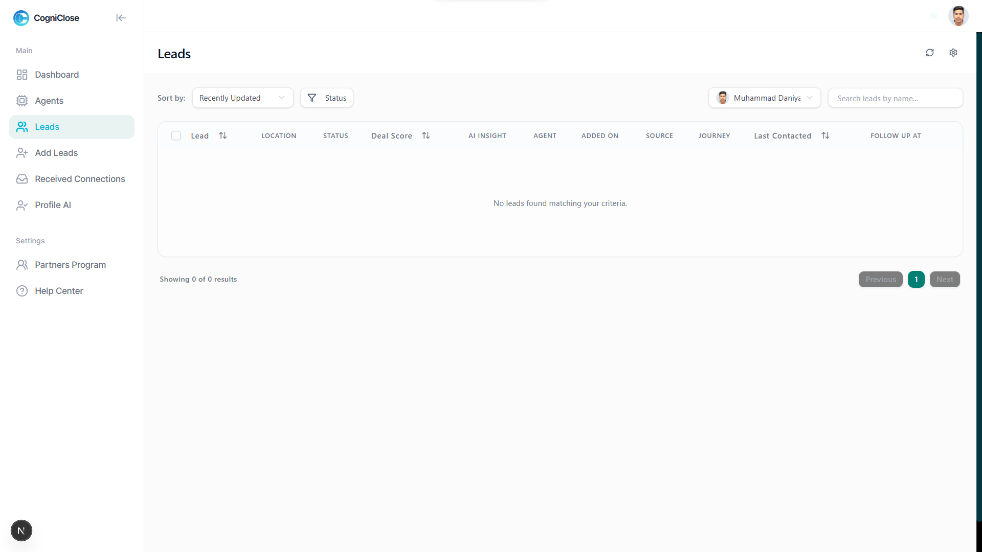 CogniClose leads table deal scores and conversation tracking