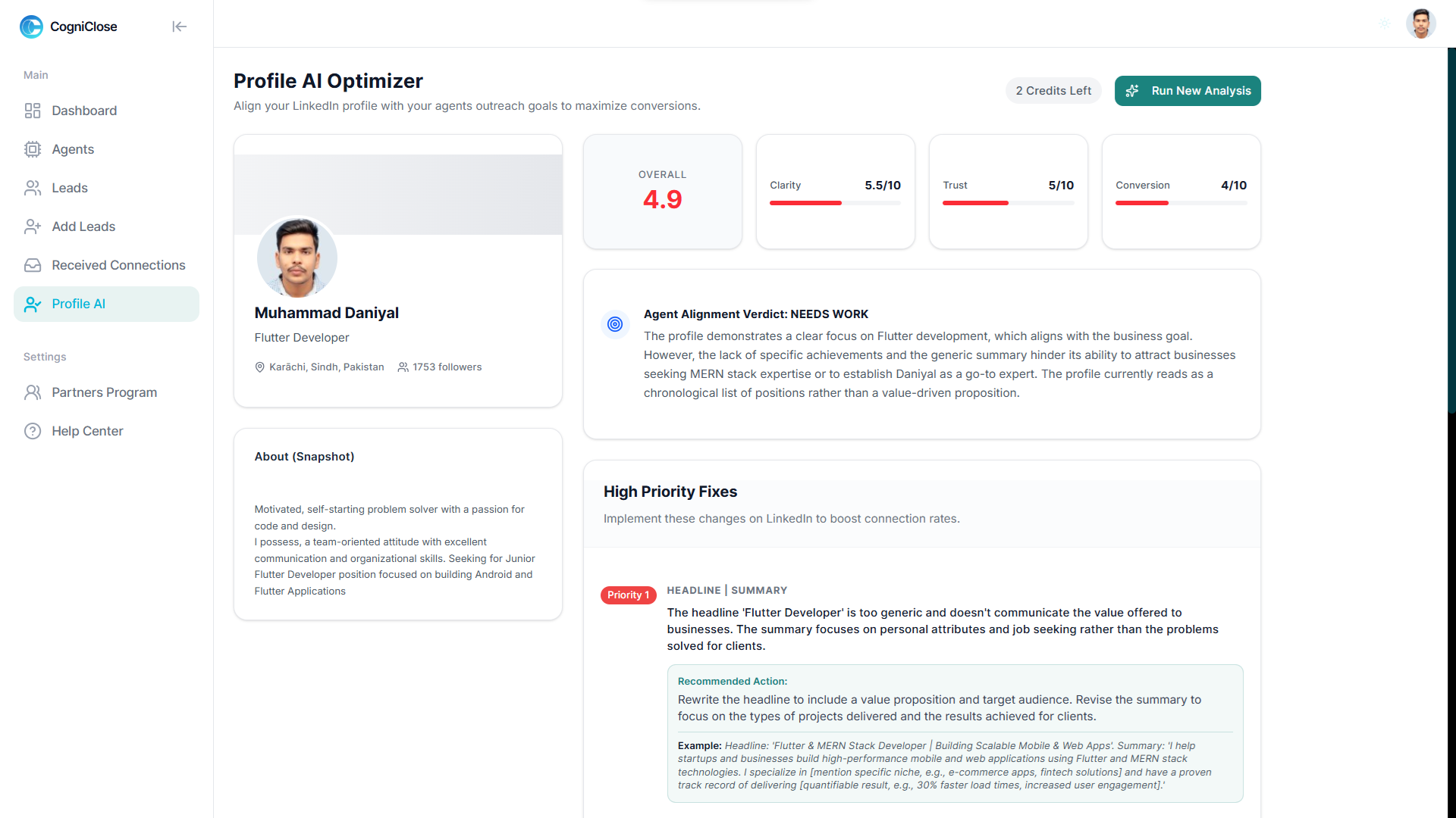 CogniClose profile analyzer — LinkedIn profile optimization scores